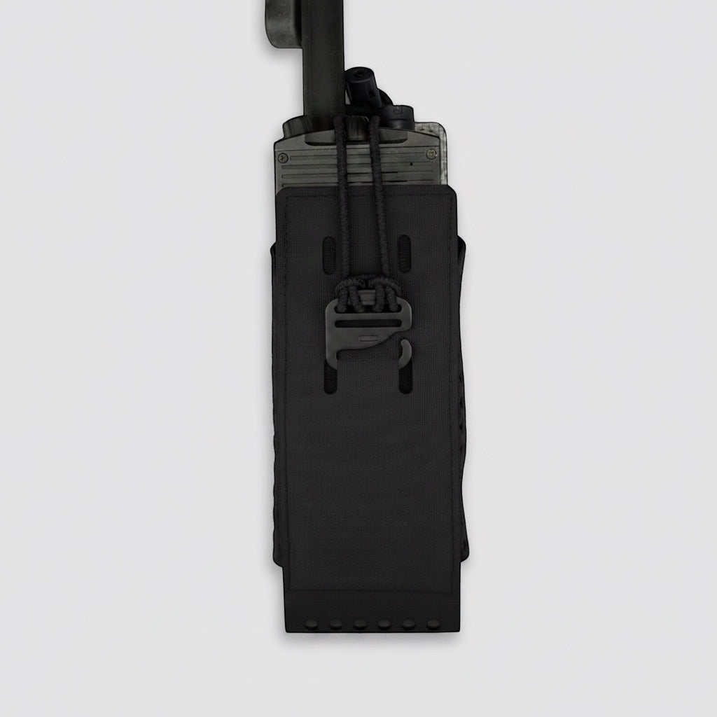 Night Heron Israel black Cordura radio pouch with adjustable strap and MOLLE system for tactical radios.