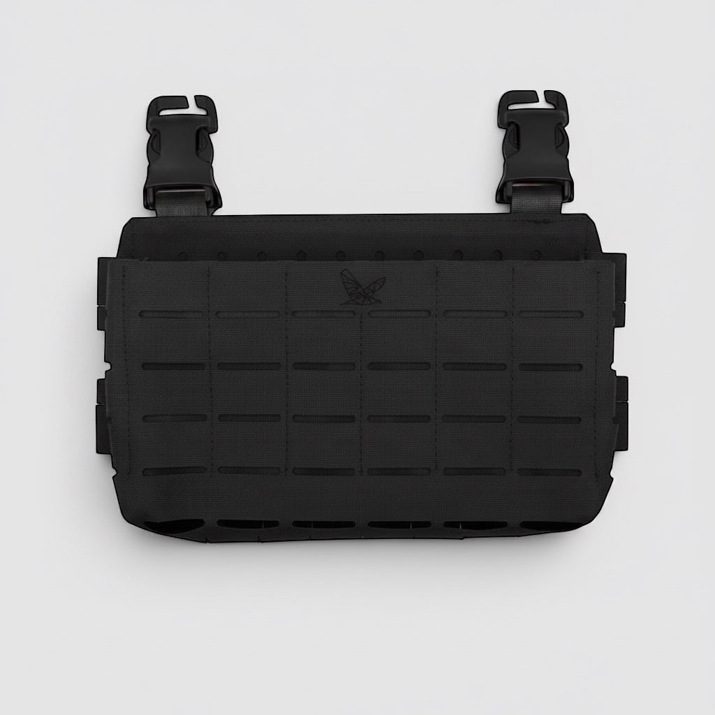 Night Heron Israel black Cordura kangaroo placard with MOLLE webbing for attaching pouches and 3 magazine inserts.