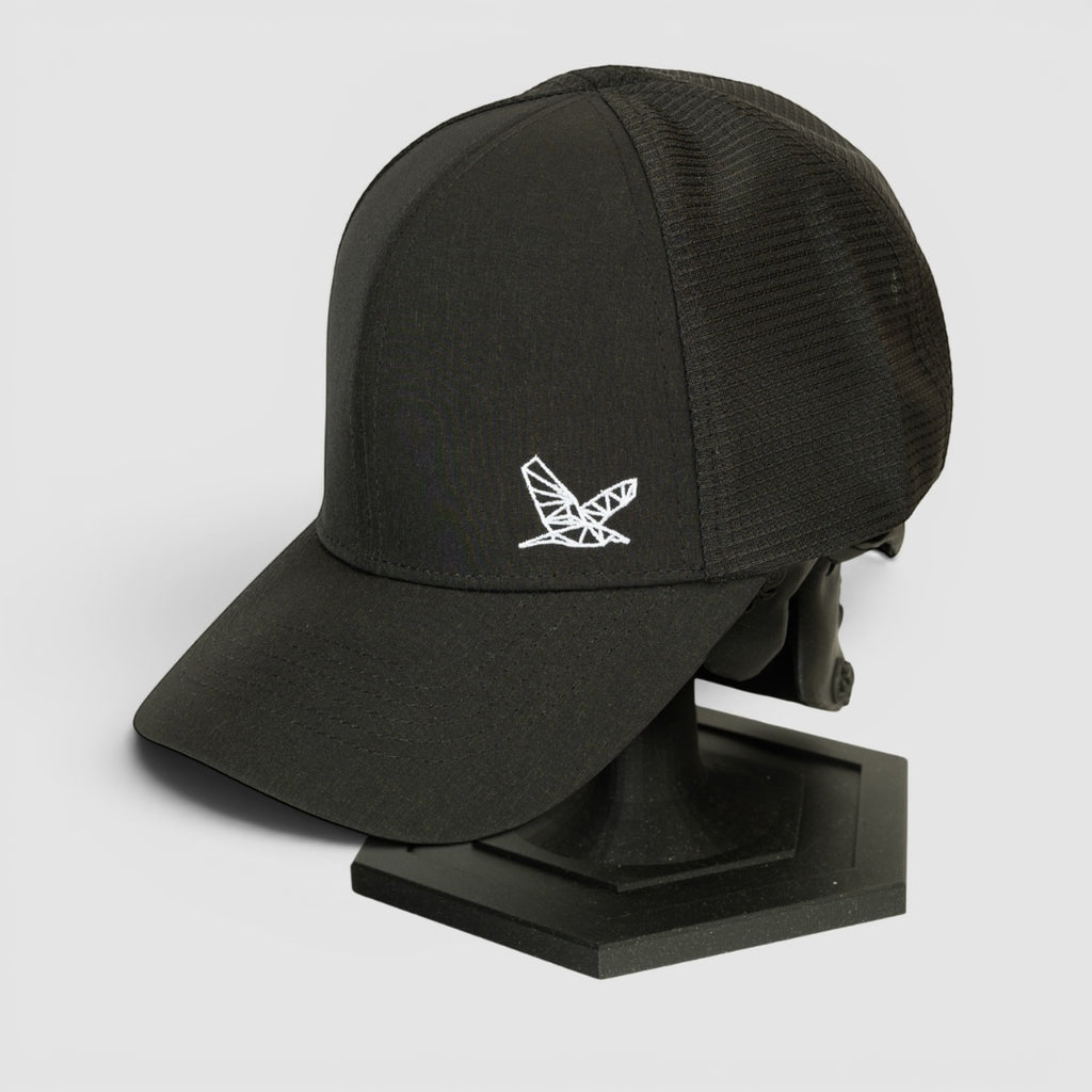 Night Heron Israel black baseball cap with mesh back and white geometric bird logo embroidery