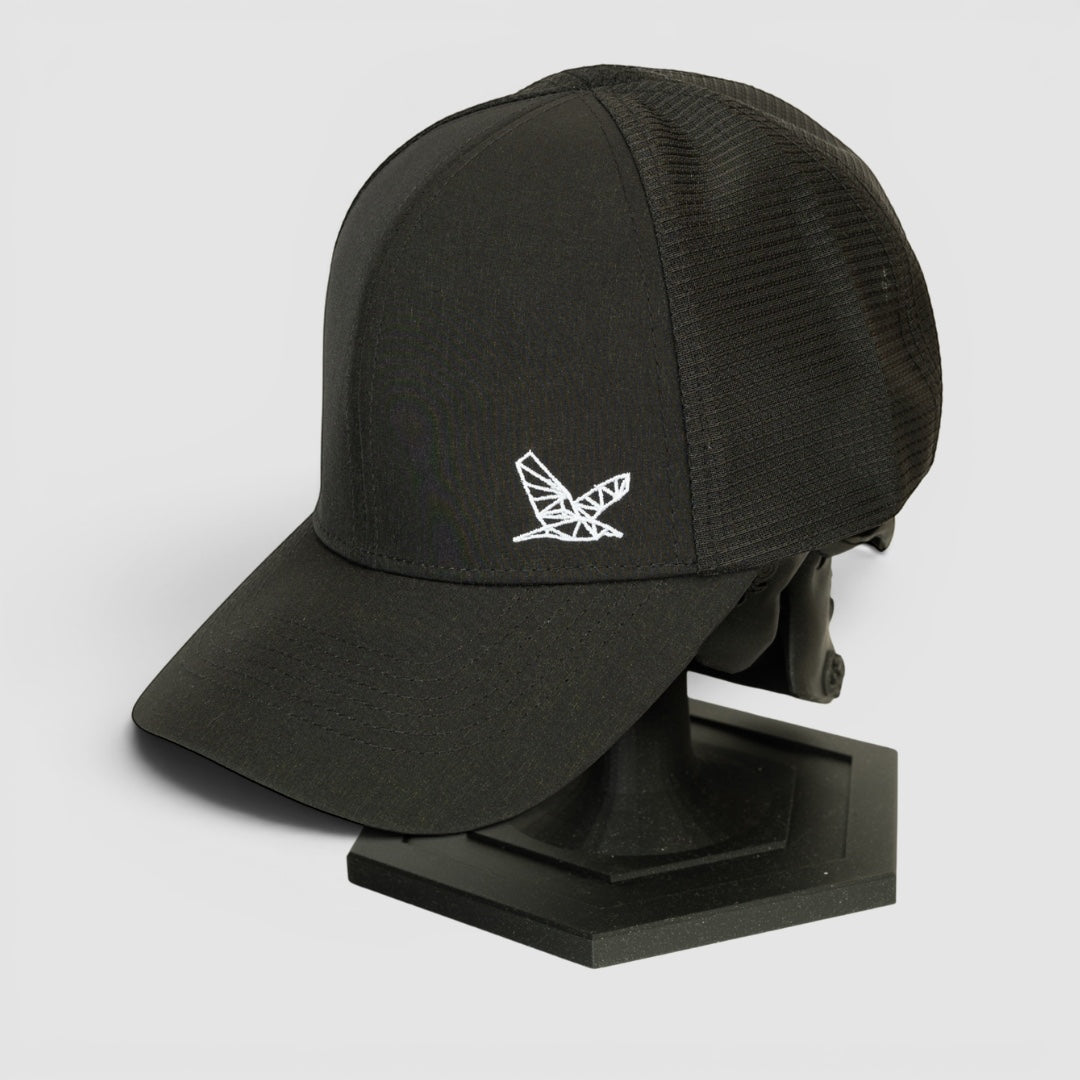 Night Heron Israel black baseball cap with mesh back and white geometric bird logo embroidery