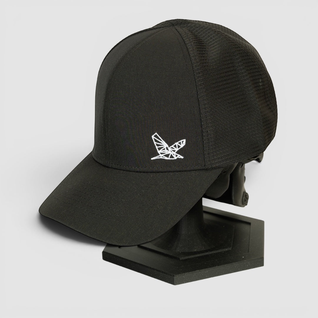 Night Heron Israel black baseball cap with mesh back and white geometric bird logo embroidery