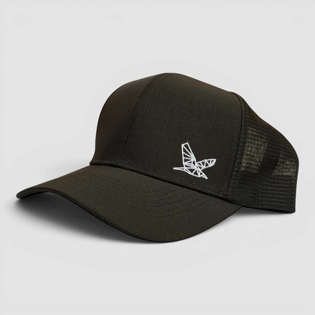 Night Heron Israel black trucker cap with a white geometric bird logo embroidery on the front panel