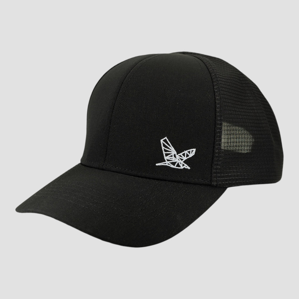 Night Heron Israel black trucker hat with a white geometric bird logo on the front panel.