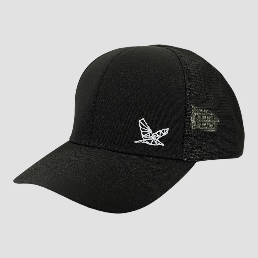 Night Heron Israel black trucker hat with a white geometric bird logo on the front panel.