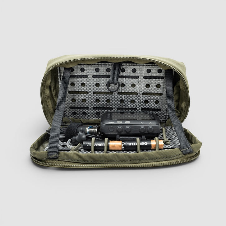 Night Heron Israel olive green Tegris composite modular pouch with internal organization for batteries, GPS device, and earbuds.