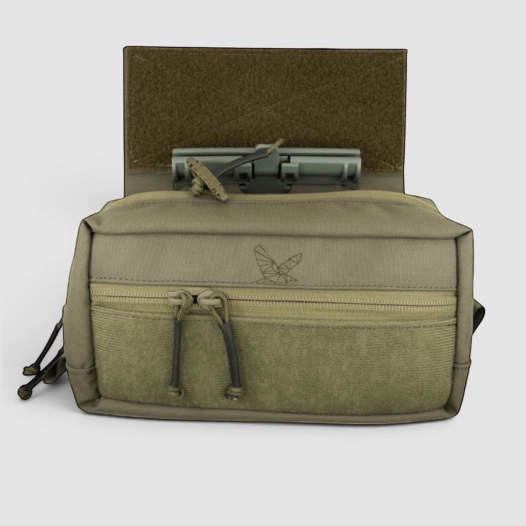 Night Heron Israel olive green Cordura dangler pouch with front zippered pocket and Velcro panel. Attaches to tactical vests.