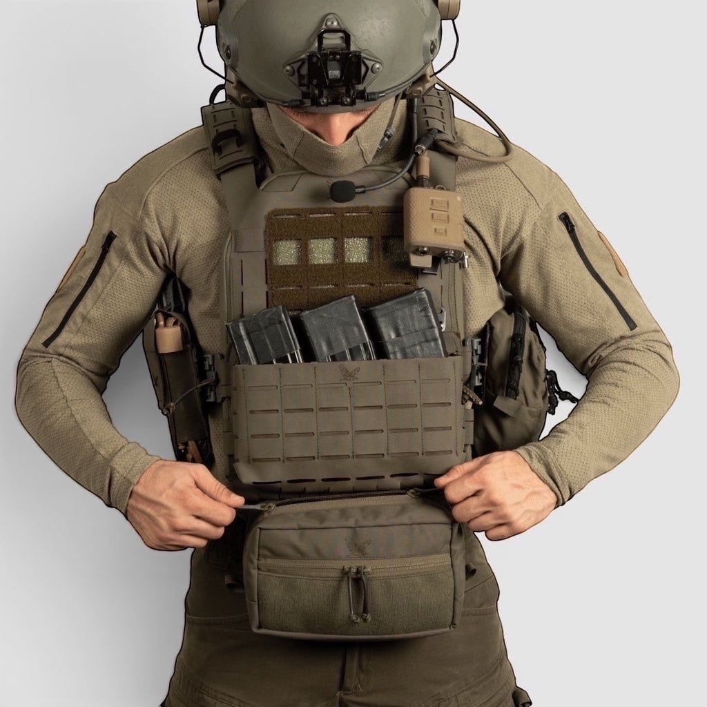 Night Heron Israel olive green Cordura dangler pouch with front zip pocket and internal organizer, attaches to tactical vest.