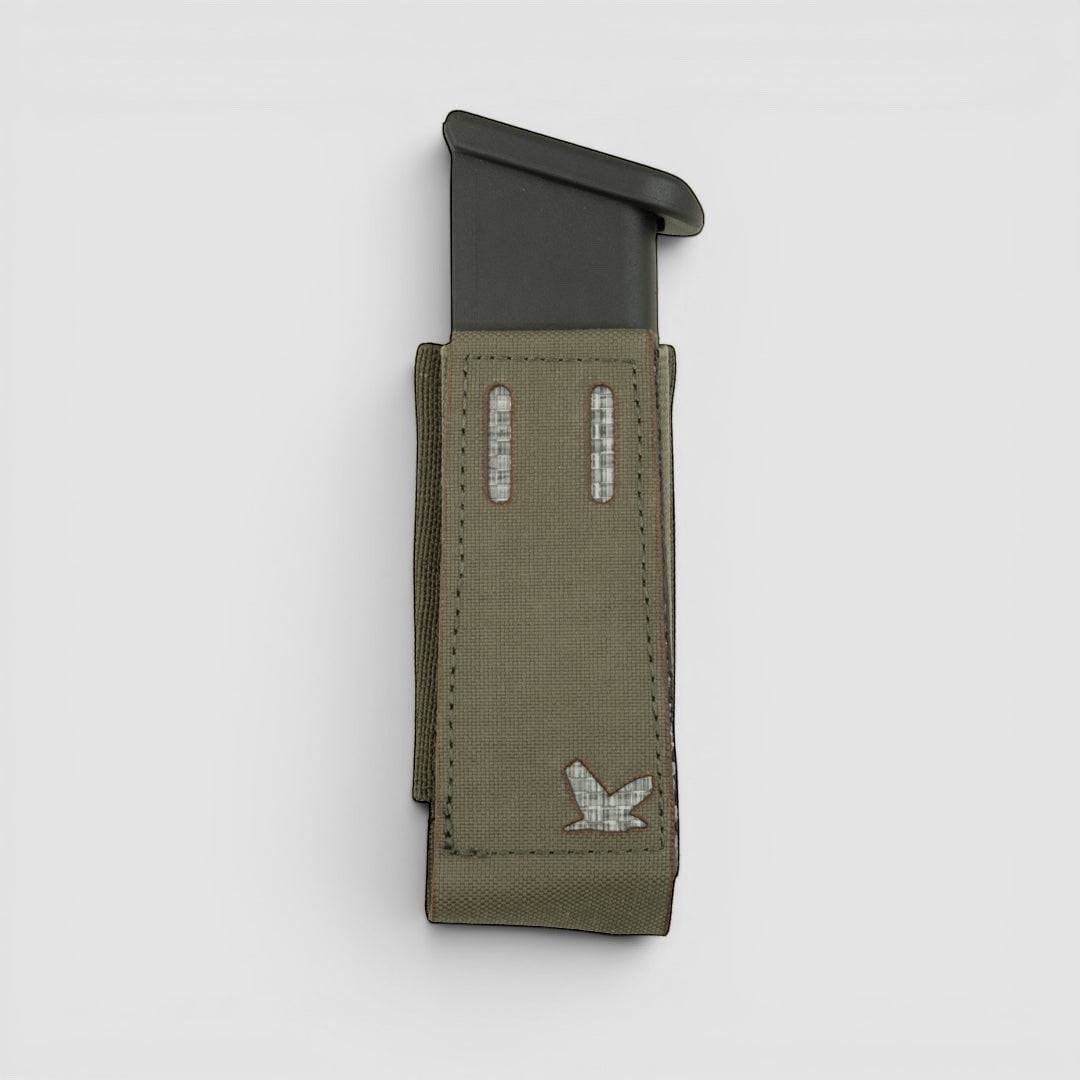 Night Heron Israel X-Ray pistol mag pouch in olive green Cordura with Tegris and elastic sides for secure, fast draw.