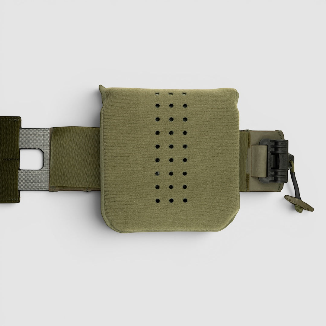 Night Heron Israel olive drab padded pouch with drainage holes for ballistic plates, attaches to cummerbund.