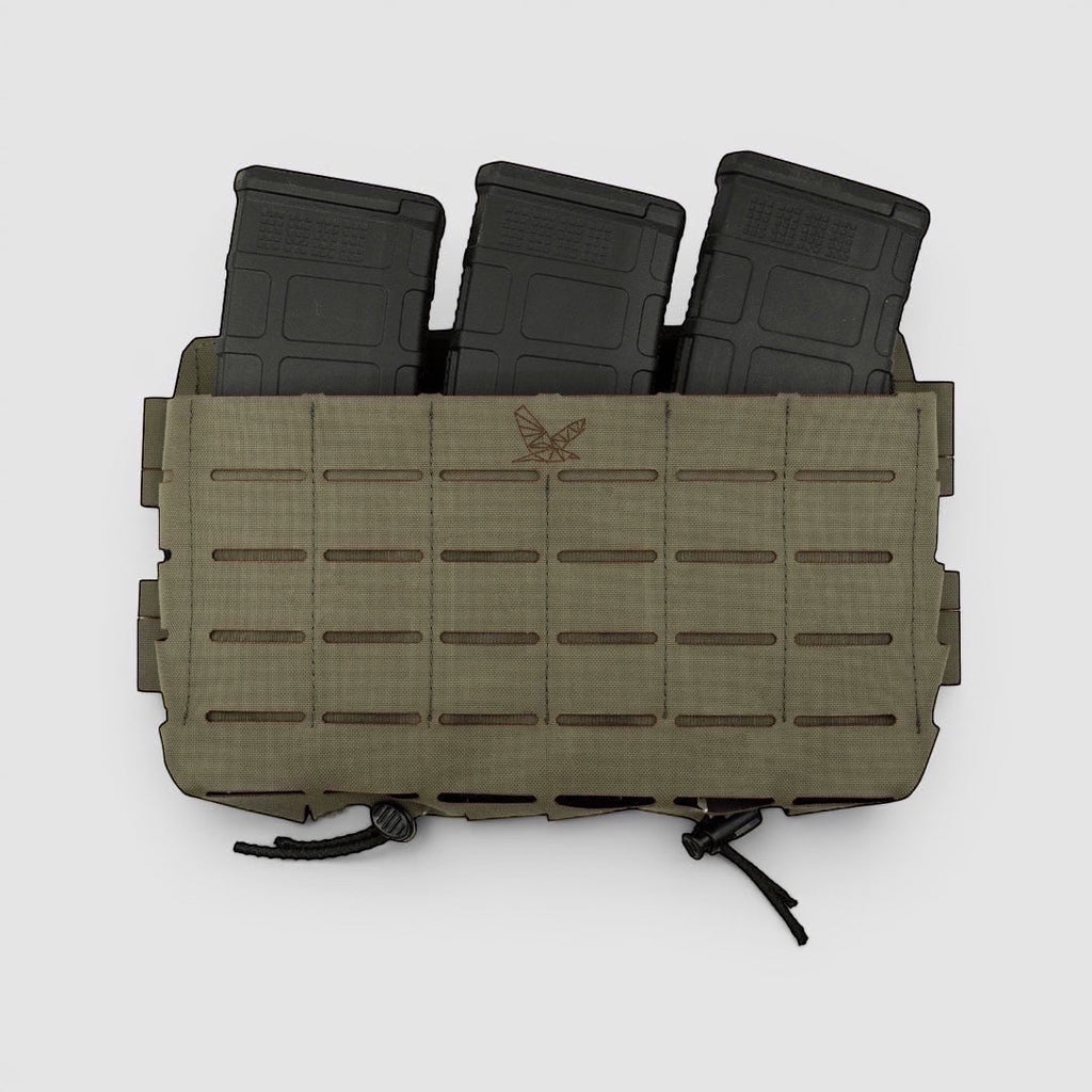 Night Heron Israel olive green Cordura placard with 3 rifle magazines, MOLLE front and sides.