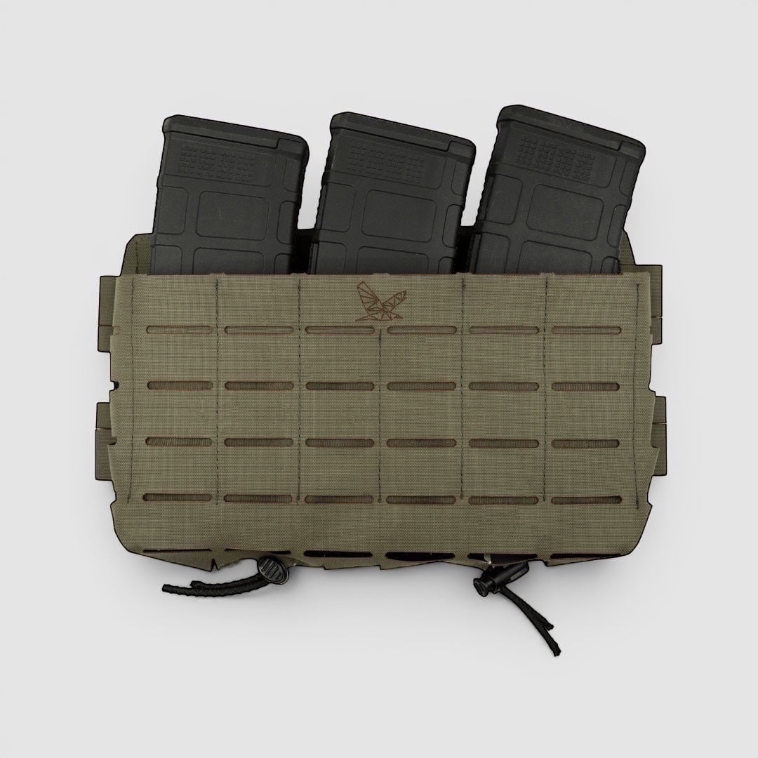 Night Heron Israel olive green Cordura placard with 3 rifle magazines, MOLLE front and sides.