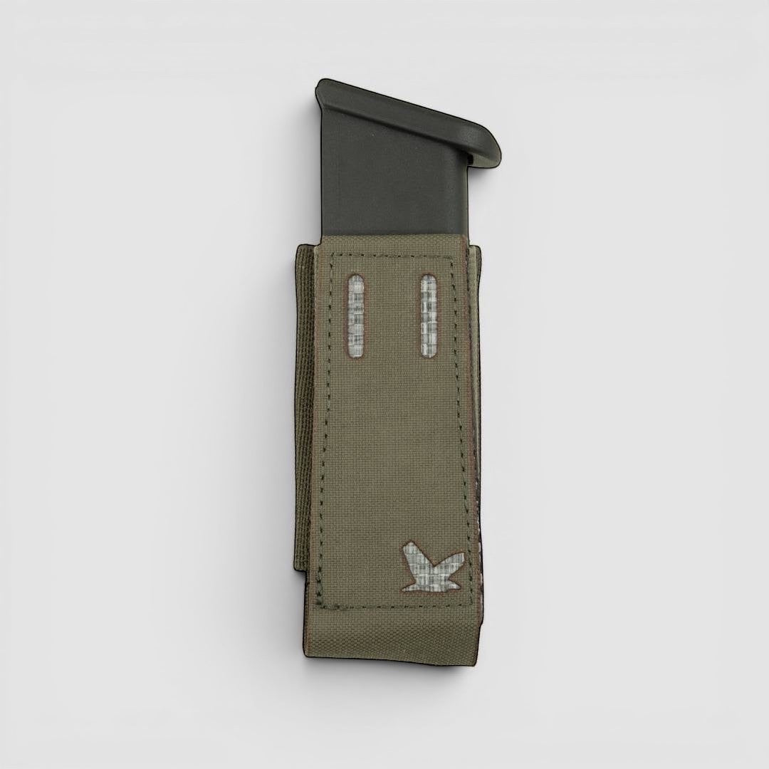 Night Heron Israel X-Ray Pistol Mag Pouch in olive green Cordura with Tegris and elastic sides for quick draw.
