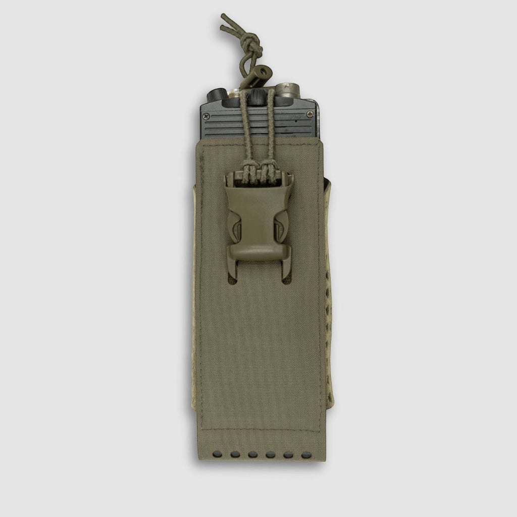 Night Heron Israel X-RAY Radio Pouch in olive green Cordura, designed for various radio models with a quick-release buckle and MOLLE system.
