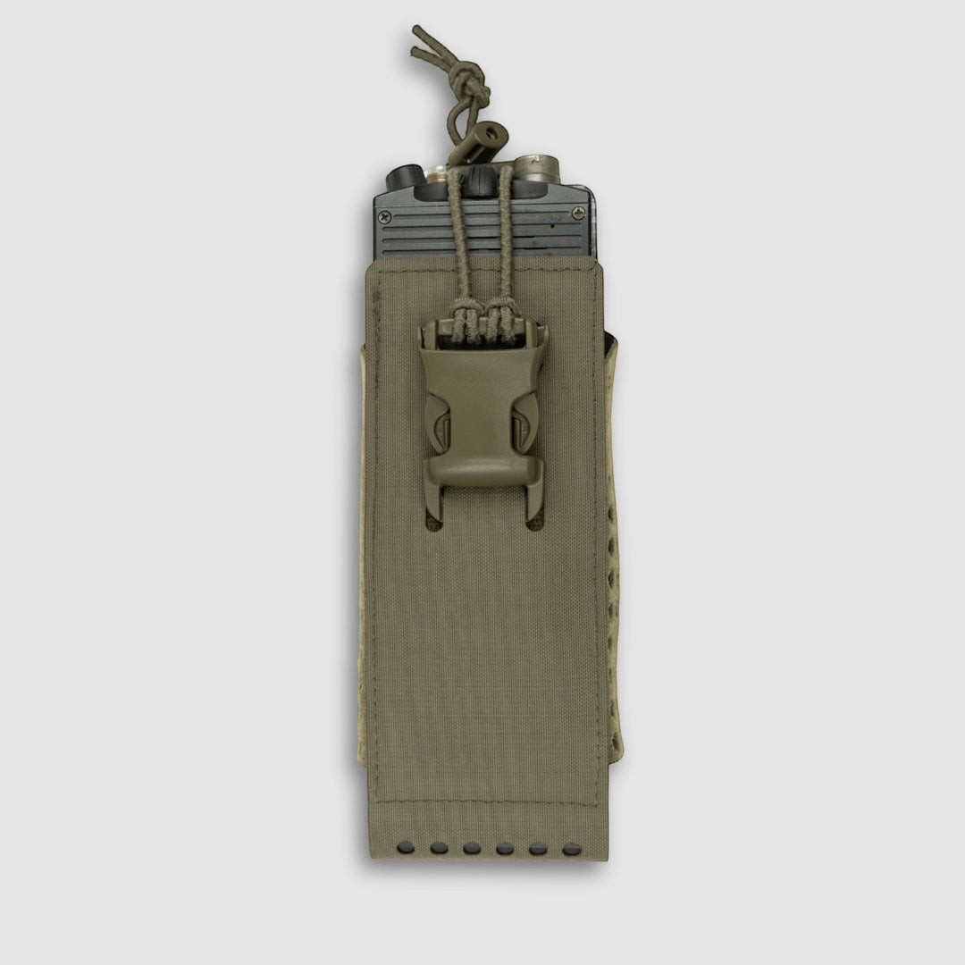 Night Heron Israel X-RAY Radio Pouch in olive green Cordura, designed for various radio models with a quick-release buckle and MOLLE system.