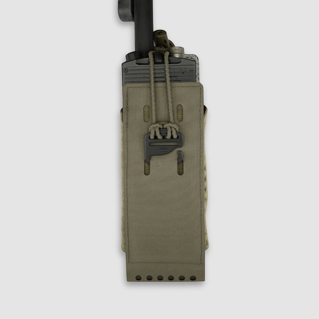 Night Heron Israel X-RAY Radio Pouch in olive green Cordura laminate with adjustable fit and quick-release battery access.