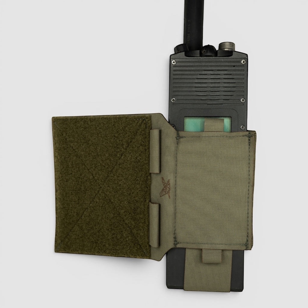 Night Heron Israel X-RAY Radio Pouch in olive drab Cordura laminate with Tegris reinforcement, designed for various radio models.
