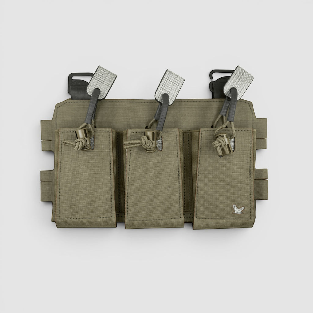 Night Heron Israel olive drab Cordura triple magazine placard with rigid front panel and retention straps.