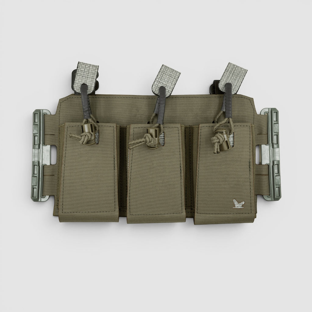 Night Heron Israel X-Ray Triple Mag Placard in olive green Cordura, designed for minimal profile magazine carrying with quick-release tabs.