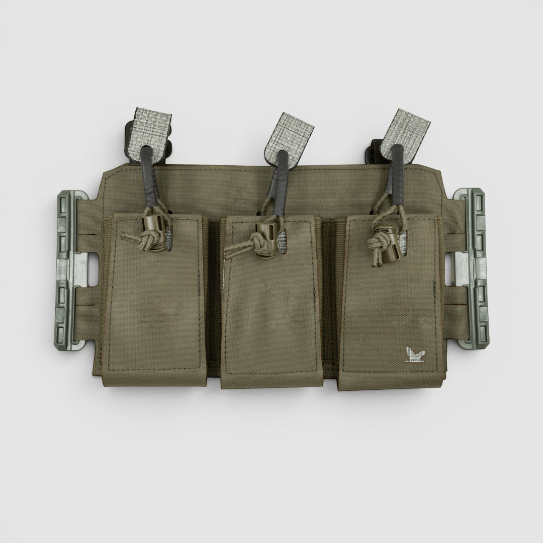 Night Heron Israel X-Ray Triple Mag Placard in olive green Cordura, designed for minimal profile magazine carrying with quick-release tabs.
