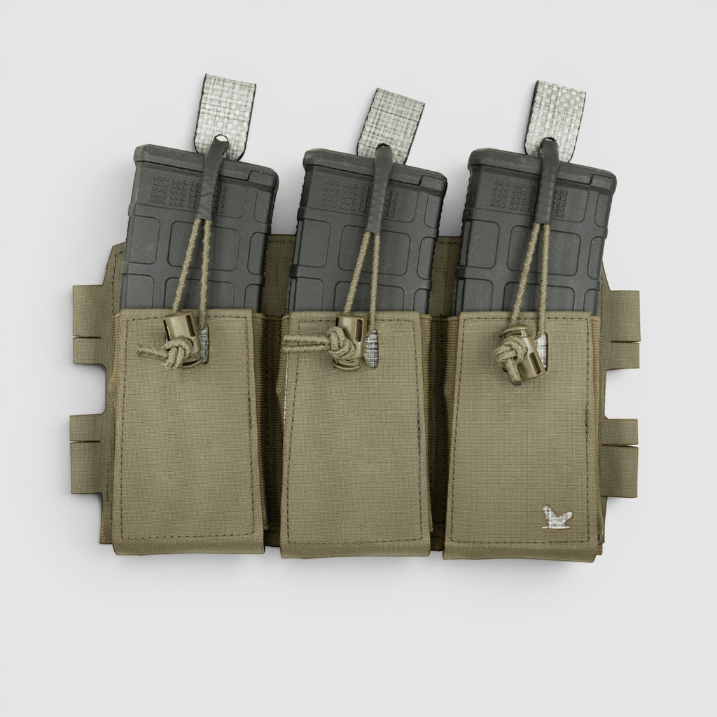 Night Heron Israel X-Ray Triple Mag Placard in tan Cordura, holds three rifle magazines with elastic retention straps.
