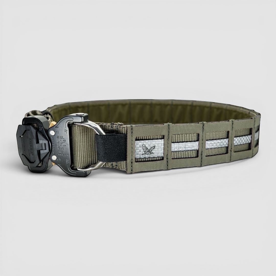 Night Heron Israel X-Ray Combat Belt, olive green tactical belt with MOLLE system and Cobra buckle.