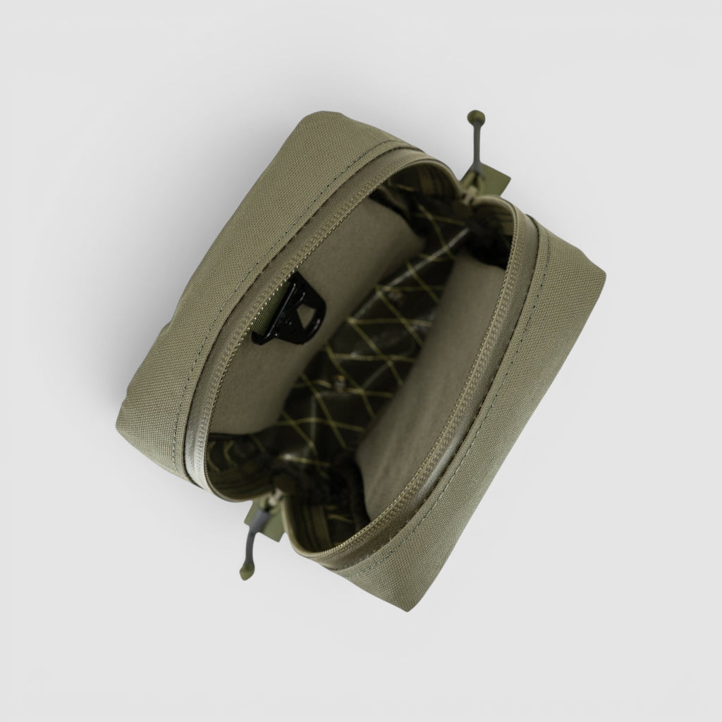 Night Heron Israel X-RAY small olive green modular GP pouch with YKK AquaGuard zippers and internal metal hook