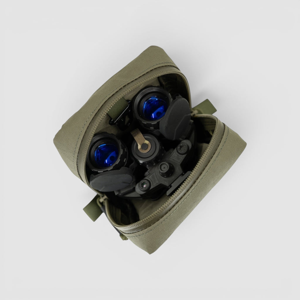 Night Heron Israel X-RAY small GP pouch in olive green X-PAC fabric holding tactical binoculars with YKK zippers