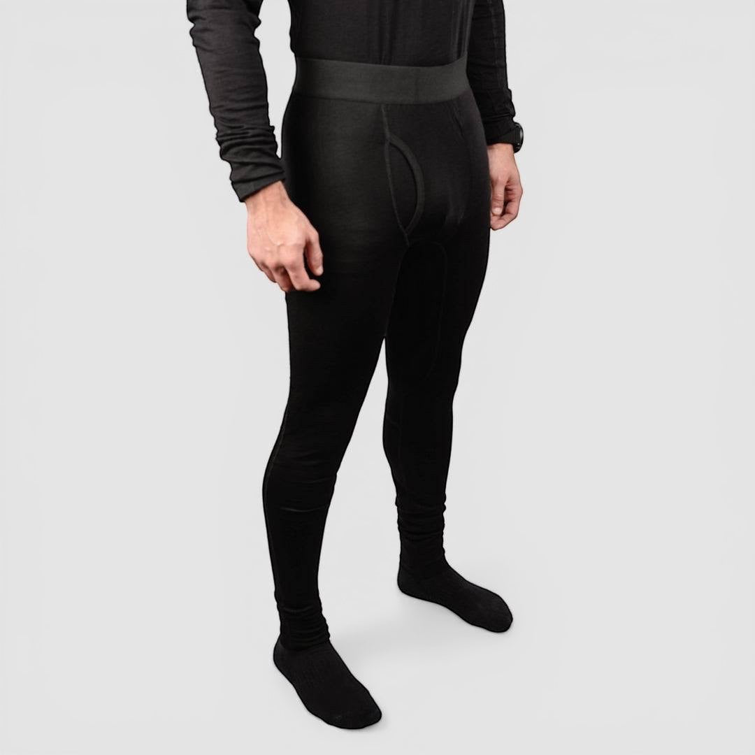 Night Heron Israel black Merino Wool blend active base layer pants with fly front and elastic waistband.