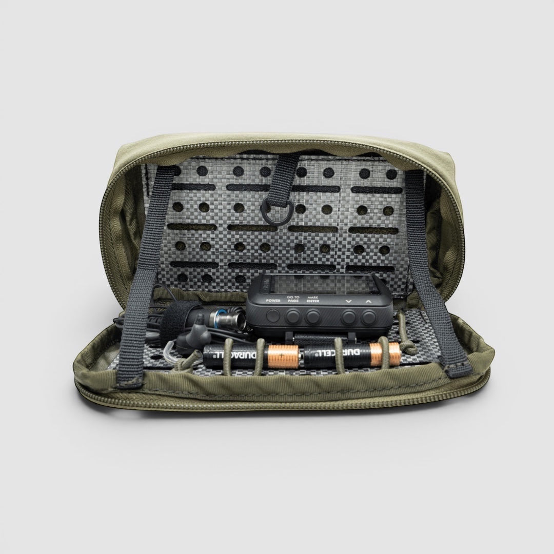Night Heron Israel olive green Cordura admin pouch with GPS device, flashlight, and batteries. MOLLE compatible.