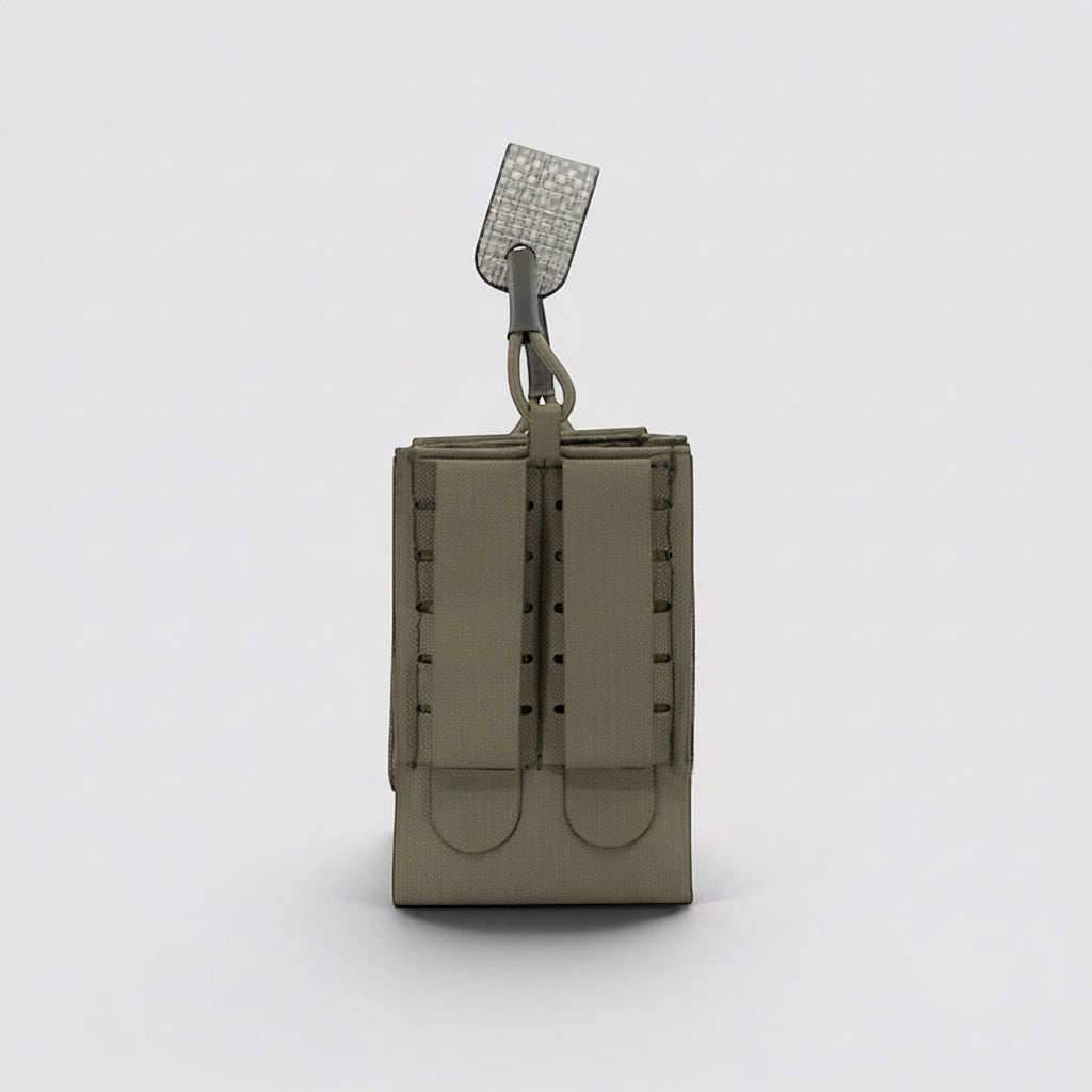 Night Heron Israel olive drab Cordura 500D single 5.56 rifle magazine pouch with MOLLE attachment and bungee retention.