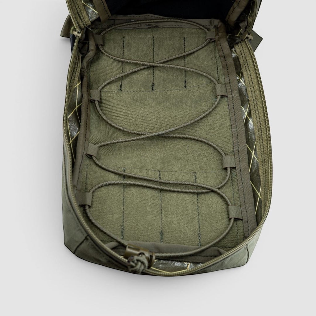 Night Heron Israel X-Ray Large GP Pouch in olive green Cordura and X-Pac, with internal organization and bungee cords.