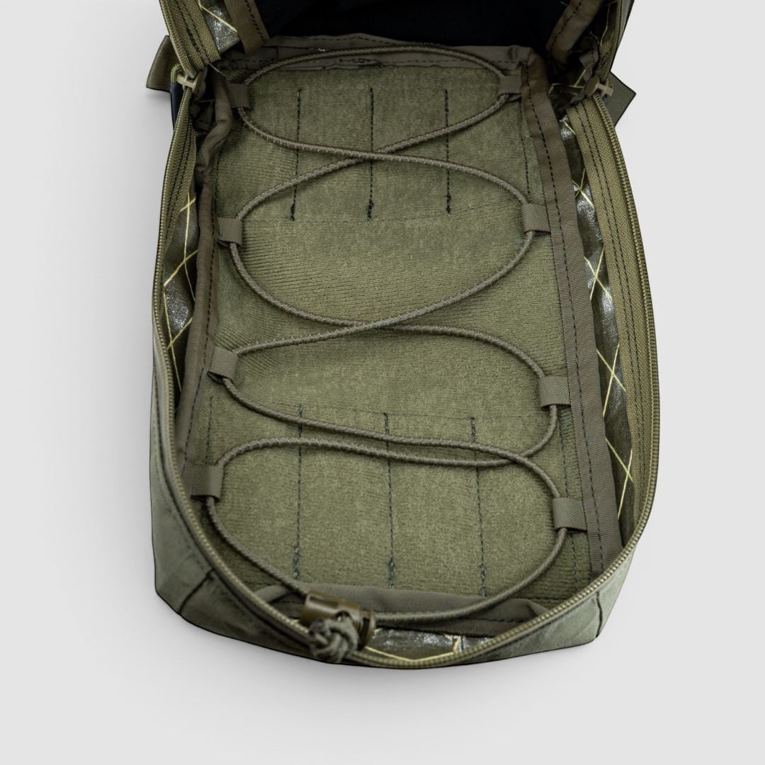 Night Heron Israel X-Ray Large GP Pouch in olive green Cordura and X-Pac, with internal organization and bungee cords.