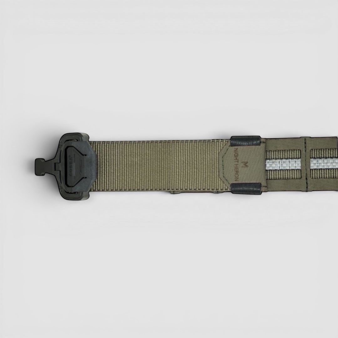 Night Heron Israel olive green tactical combat belt with Cobra buckle and MOLLE system, made from durable Cordura and Tegris composite.