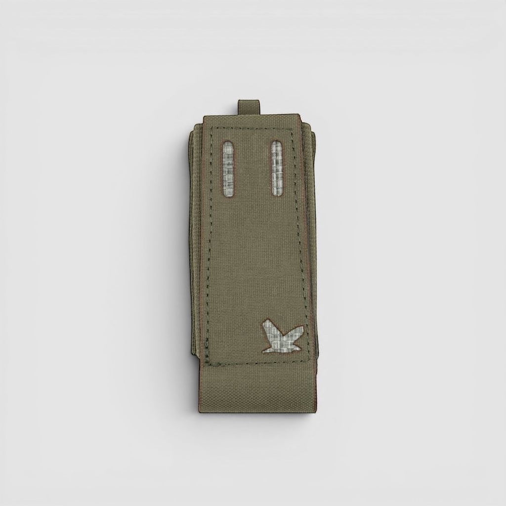Night Heron Israel olive green Cordura pistol magazine pouch with MOLLE attachment and embroidered heron logo.