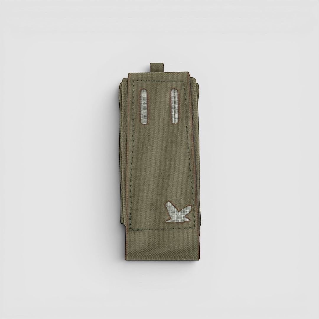 Night Heron Israel olive green Cordura pistol magazine pouch with MOLLE attachment and embroidered heron logo.