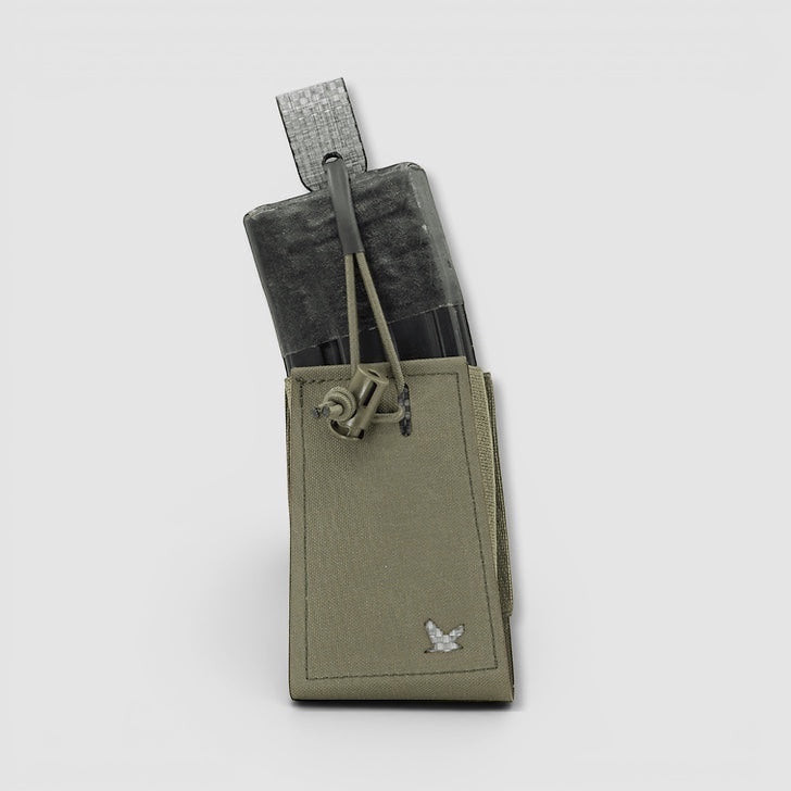 Night Heron Israel olive green Cordura 500D single 5.56 rifle magazine pouch with bungee retention and MOLLE attachment.