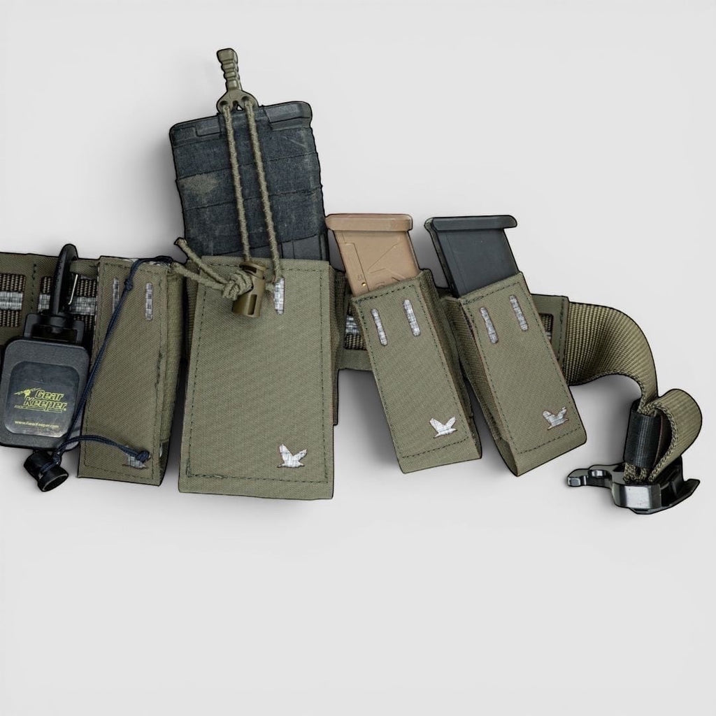 Night Heron Israel X-Ray Combat Belt, olive green tactical modular belt with MOLLE system, magazine pouches, and Cobra buckle.