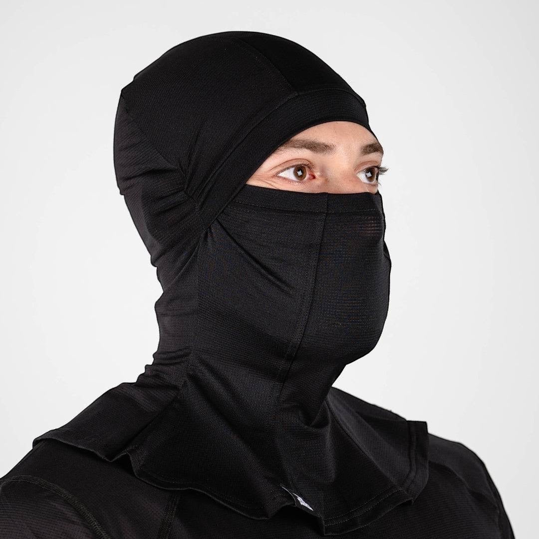 Night Heron Israel black balaclava made from breathable, moisture-wicking polyester-elastane blend with temperature-regulating and anti-odor properties.