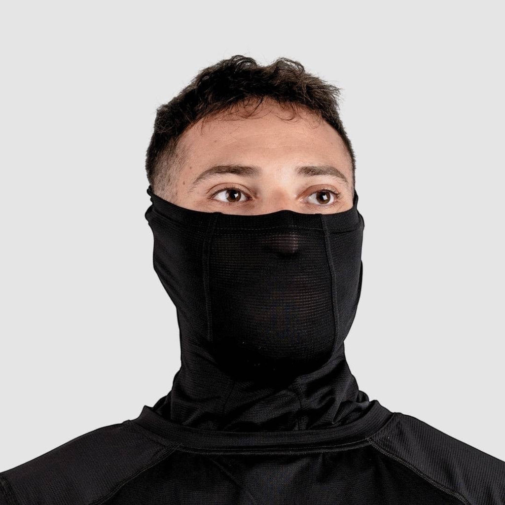 Night Heron Israel black balaclava face mask made of breathable, moisture-wicking polyester-elastane blend with temperature-regulating and anti-bacterial properties.