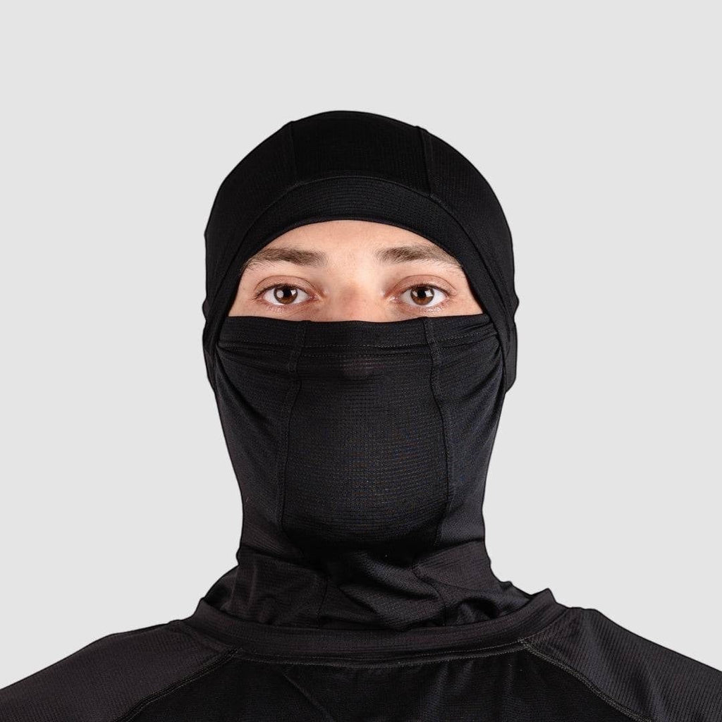 Night Heron Israel black balaclava mask made from breathable, moisture-wicking polyester-elastane blend with temperature-regulating and anti-odor properties.