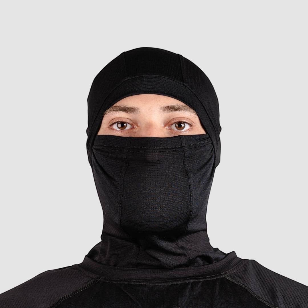 Night Heron Israel black balaclava mask made from breathable, moisture-wicking polyester-elastane blend with temperature-regulating and anti-odor properties.
