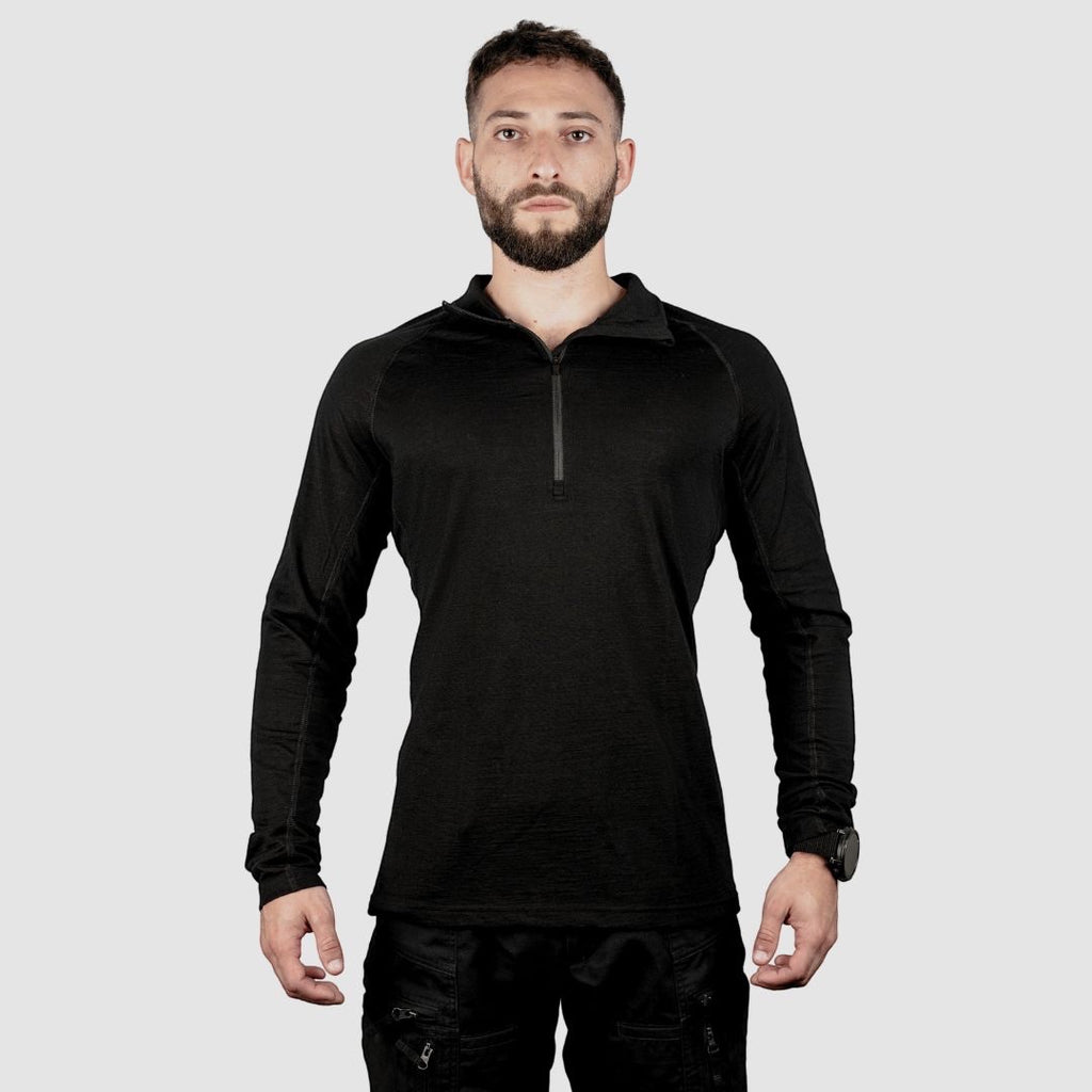 Night Heron Israel black merino wool long sleeve base layer shirt with quarter zip and high collar.