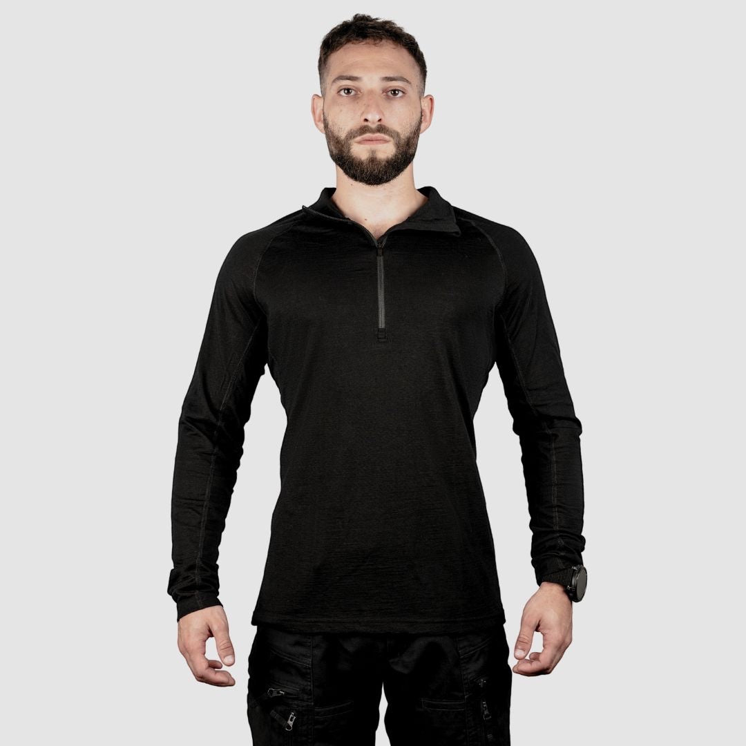 Night Heron Israel black merino wool long sleeve base layer shirt with quarter zip and high collar.