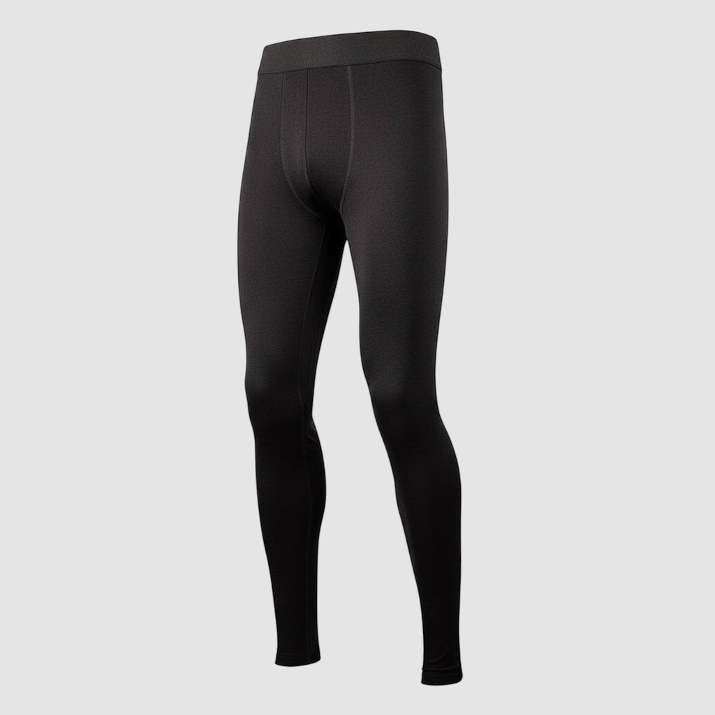 Night Heron Israel Bravo Active Merino Wool blend base layer pants, black, with fly opening and elastic waistband.