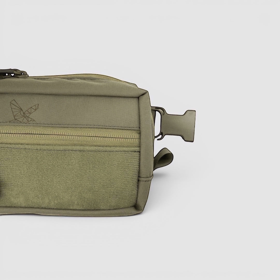 Night Heron Israel olive green Cordura dangler pouch with front zipper pocket and Velcro panel. Features a quick-release buckle.